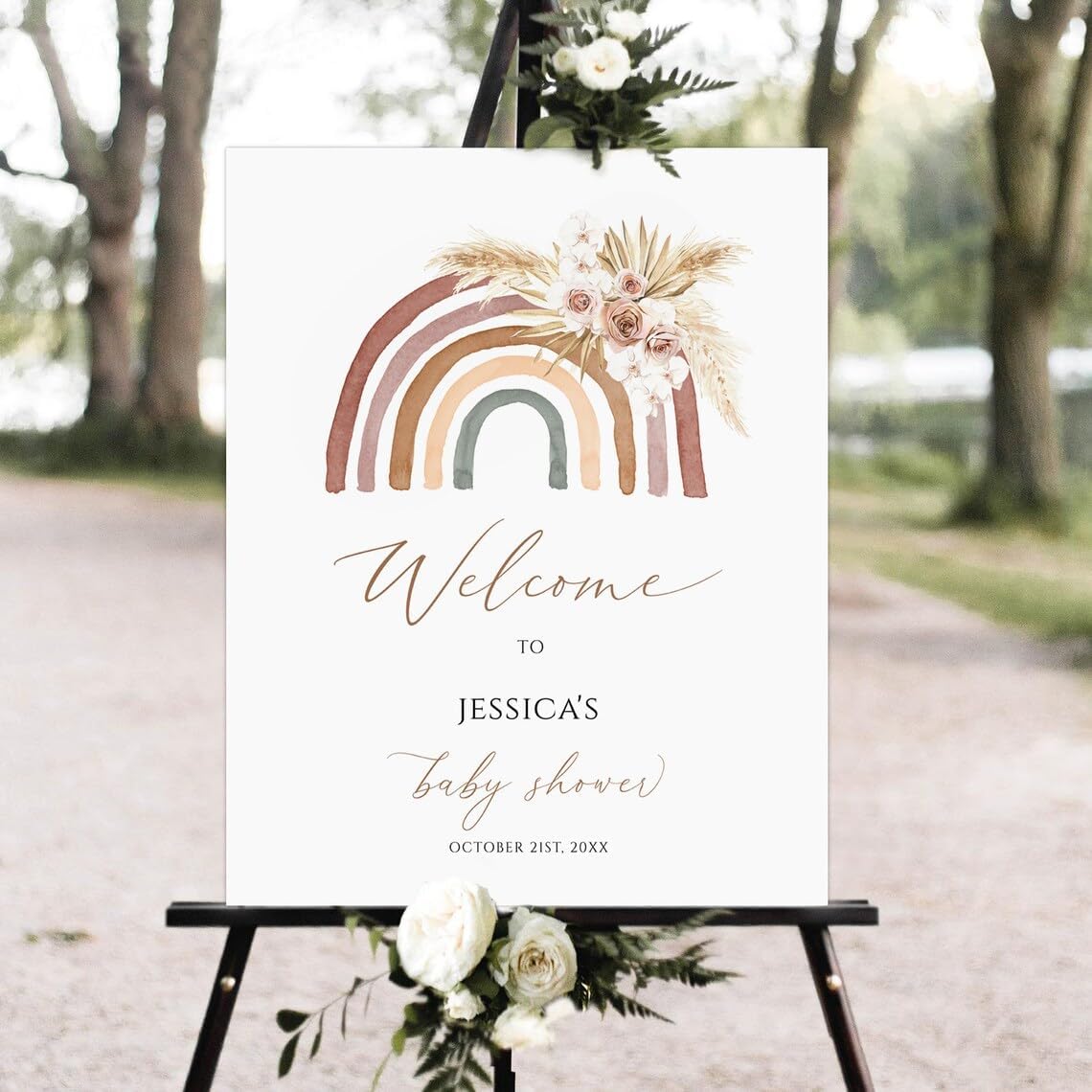 Editable Rainbow Boho Baby Shower Sign, Pampas Grass Printable Baby Shower Party Sign