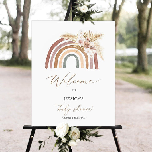 Editable Rainbow Boho Baby Shower Sign, Pampas Grass Printable Baby Shower Party Sign