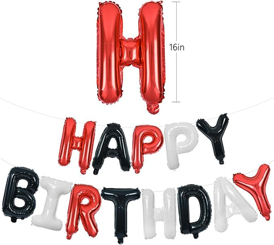 TONIFUL Happy Birthday Balloons Banner with Ribbon Straw,16 Inch Mylar Letters Birthday Sign Banner Balloon Bunting Reusable for Girls Boys Kids & Adults Birthday Halloween Supplies（Red Black White）