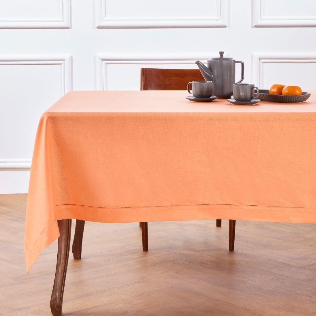 Solino Home Coral Linen Tablecloth 52 x 52 Inch - 100% Pure Linen Square Table Throw - Classic Hemstitch, Machine Washable Table Cloth