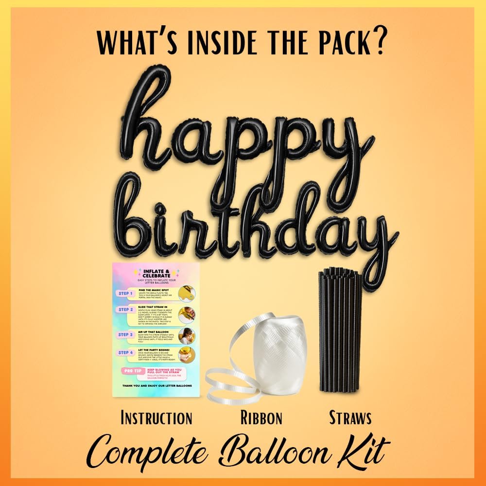 Black Happy Birthday Balloons Banner | Script/Cursive Silver Letter Balloon Sign for Birthday Party Decor/Decoration | Foil Mylar Happy Birthday Banner