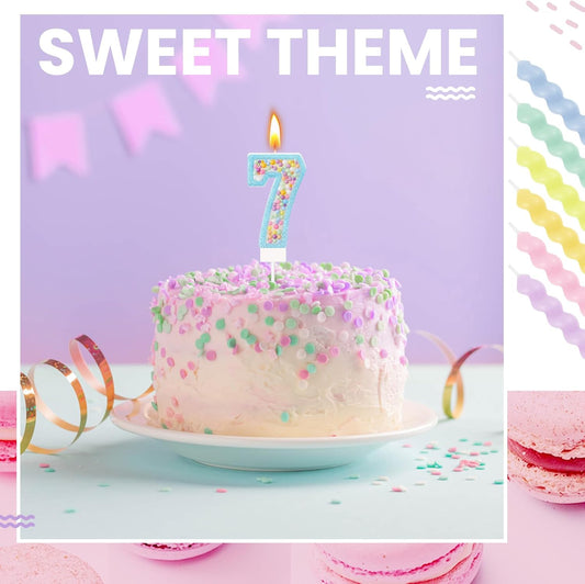MTLEE Number 7 Birthday Candle Macaron Glitter 3D Number Candle with 12 Pcs Rainbow Spiral Candles in Holders for Girl Boy Cake Topper Wedding Anniversary Pastel Sweet Theme Party Decoration