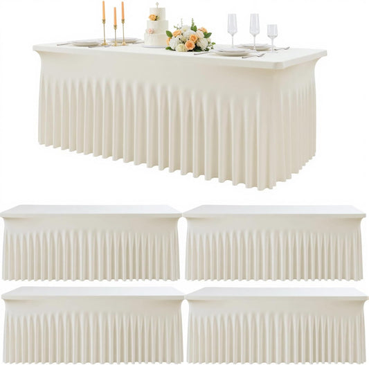 Outpain 6ft Spandex Table Cloth for Standard Folding Tables-4Pack Ivory Table Cloth Table Protector for Party, Wedding, Cocktail, Banquet, Festival