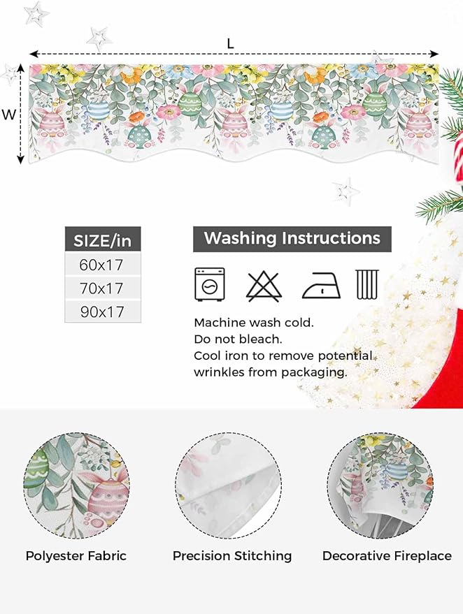 Easter Eggs Fireplace Mantel Scarf Table Runner, Bunny Eucalyptus Leaves Spring Flower Plant Winter Garland Mantel Top Tablerunners Dresser Scarves Cover for Windows Party Living Room 70''x17''