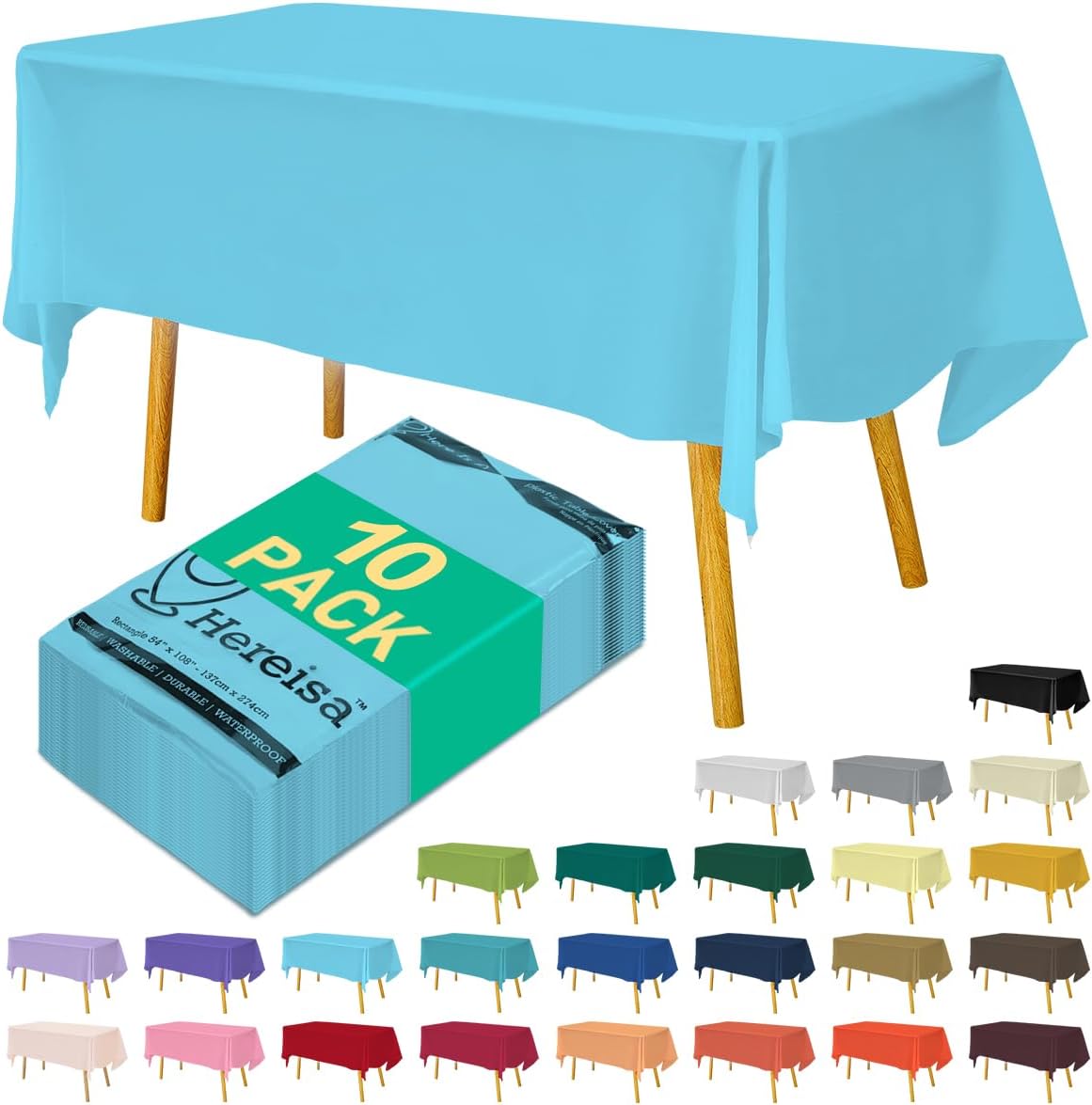 Disposable Light Blue Plastic Tablecloth 54x108 Inch, 10-Count Waterproof Rectangle Table Cover for Events, Catering