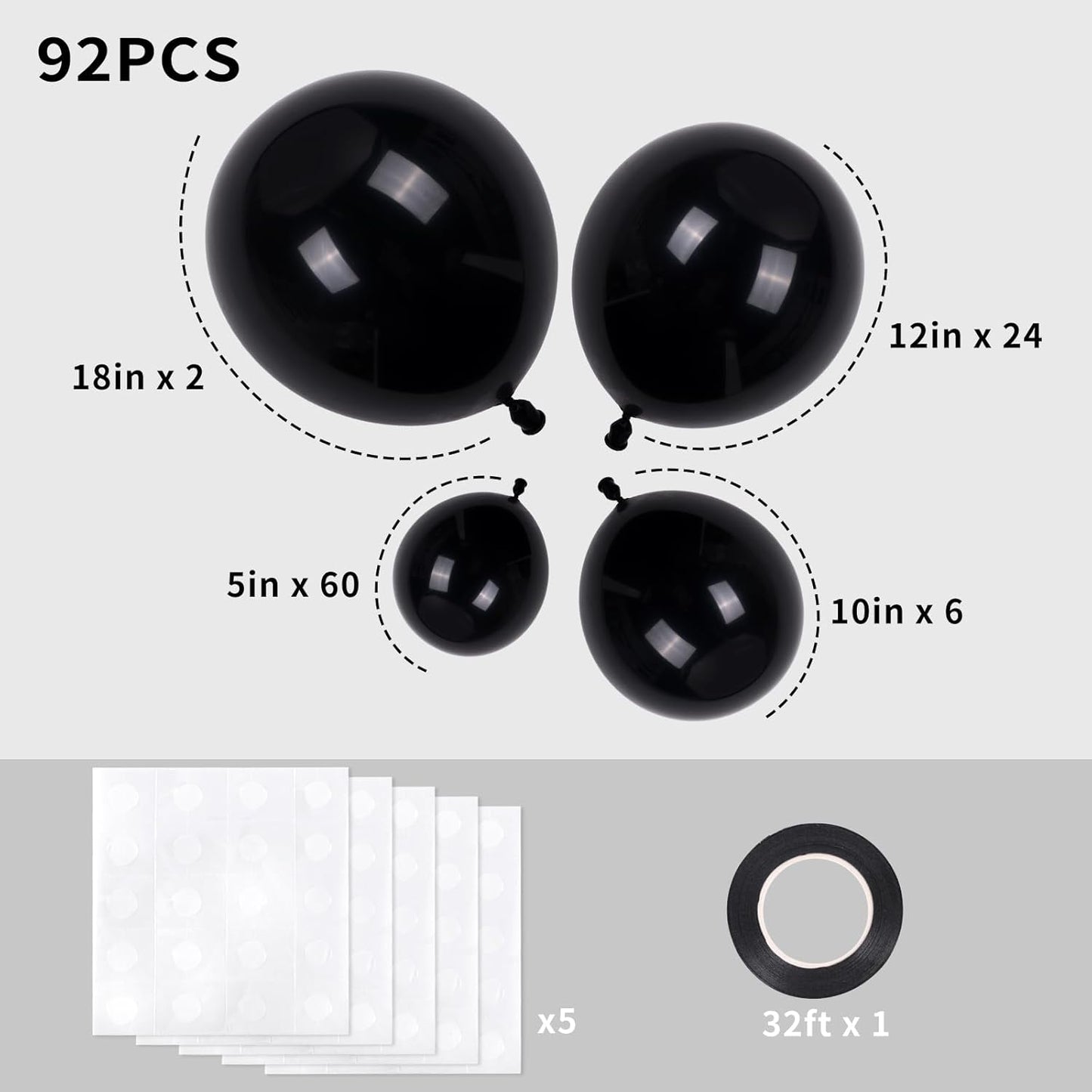 RUBFAC 92pcs Black Balloons Different Sizes 18 12 10 5 Inch for Garland Arch Premium Latex Balloons for Happy New Year Decorations 2024 Birthday Party Graduation
