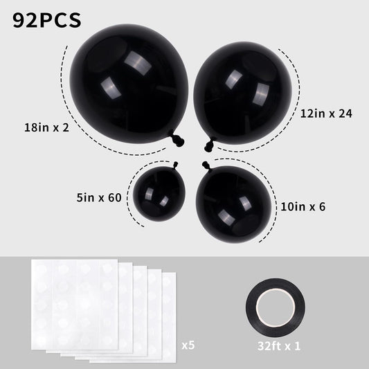 RUBFAC 92pcs Black Balloons Different Sizes 18 12 10 5 Inch for Garland Arch Premium Latex Balloons for Happy New Year Decorations 2024 Birthday Party Graduation