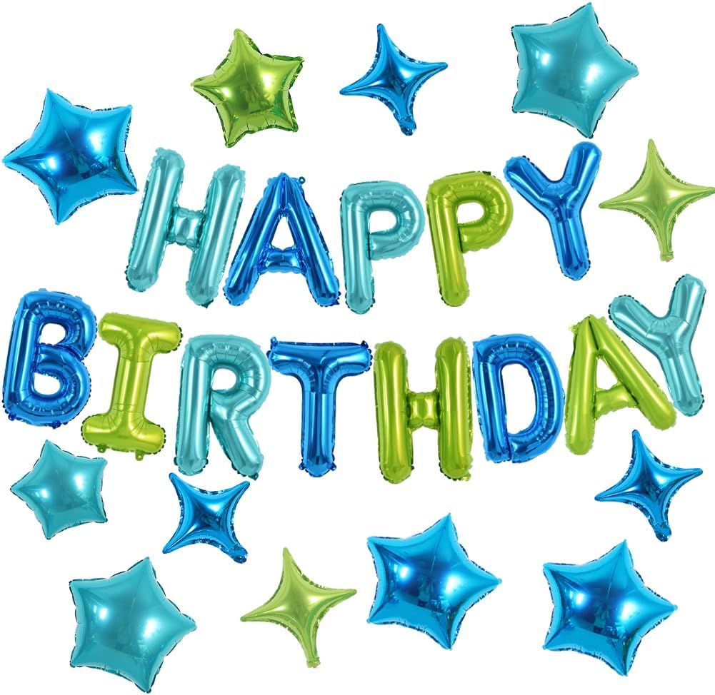 TONIFUL 35PCS Blue Green Happy Birthday Decorations Kit 16 Inch Happy Birthday Balloon Banner with Star Balloons Mylar Foil Birthday Party Decorations Supplies for Men Women Adults Girls Boys Kids