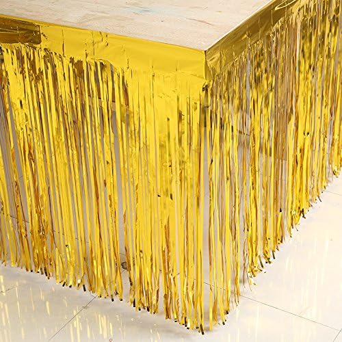 Set of 2 Metallic Foil Fringe Table Skirt 29x108 Inch Tinsel Disposable Skirting for Parade Floats Trailer, Mardi Gras Party, Birthday, Baby Shower, Wedding (Gold)