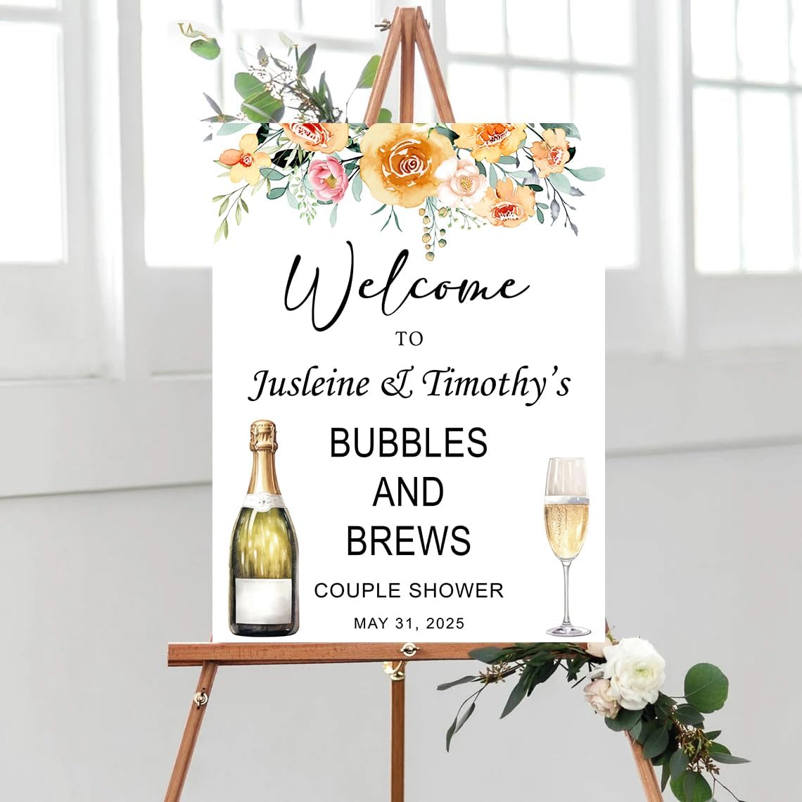 Personalized Greenery Eucalyptus Bubbles and Brews Couples Shower Welcome Sign, Gold Modern Minimalist Wedding Shower Bridal Party Decoration, Outdoor Plastic Sign Weatherproof #14
