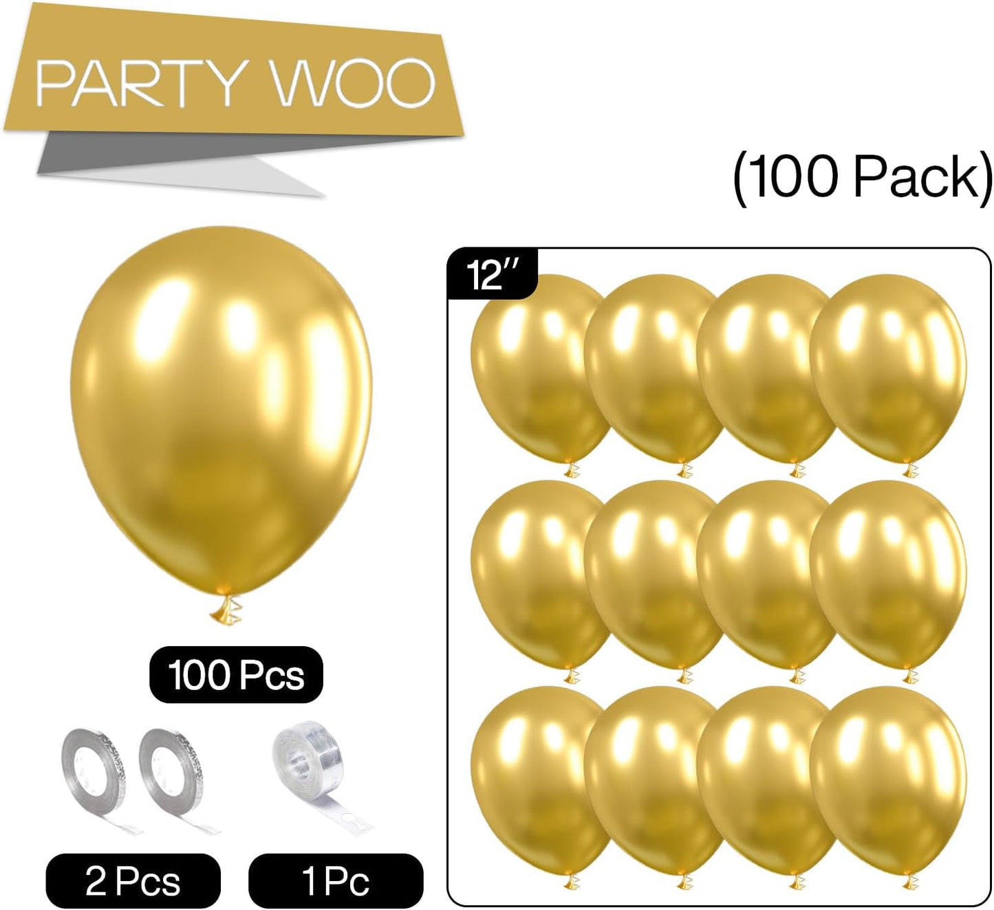 PartyWoo Metallic Gold Balloons 100 pcs 12 Inch Chrome Gold Latex Balloons for Graduation Baby Shower Gender Reveal Christmas Wedding New Year Anniversaries Birthday Party Decorations Gold-G101