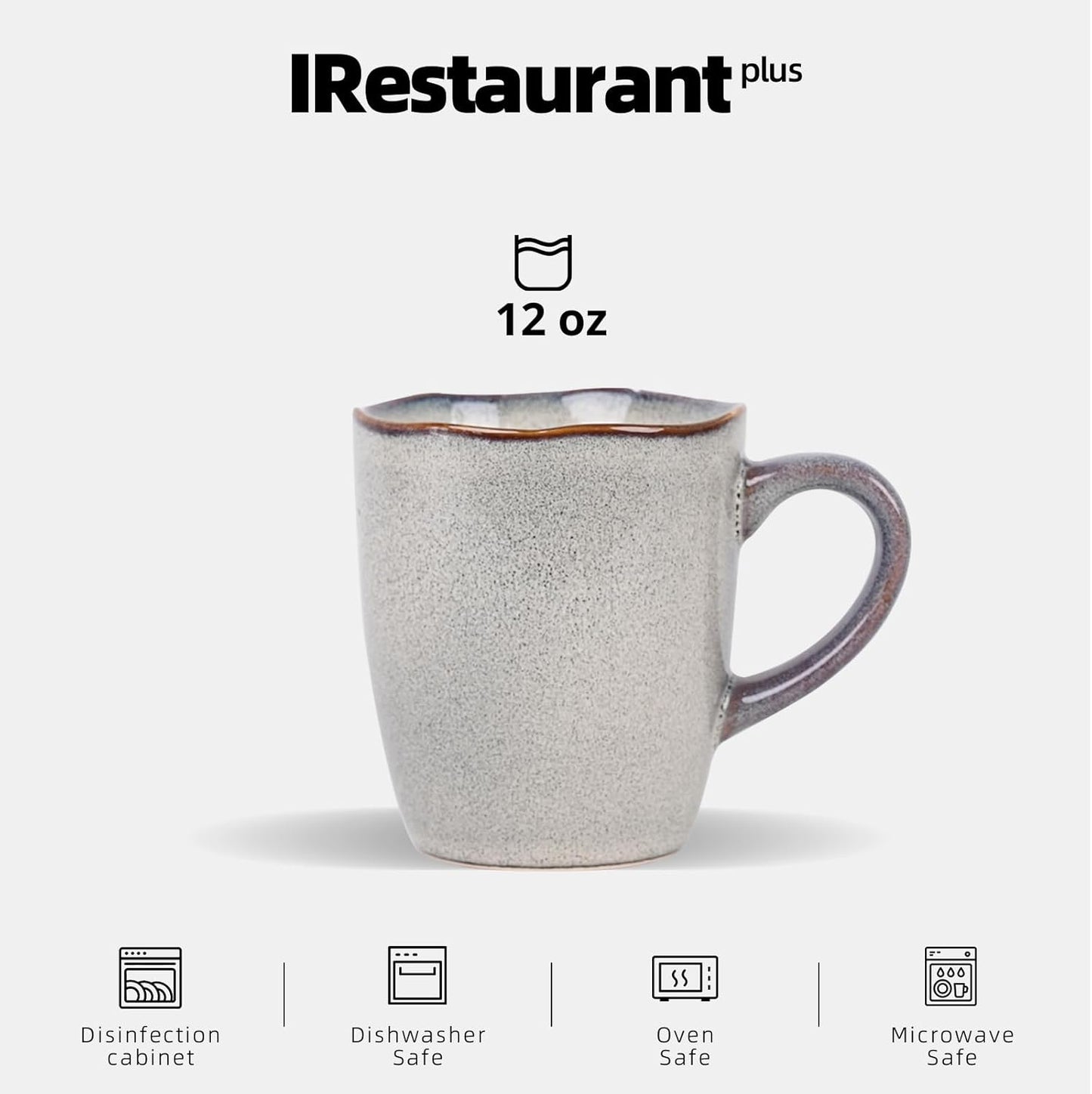 Organic Shape Restaurant Mug 12oz, Commerical Grade Catering Stoneware Coffee Mug in Ir-regular Organic Shape, Chip & Scratch Resistant, Glossy Reactive Glaze Grey, Case of 24