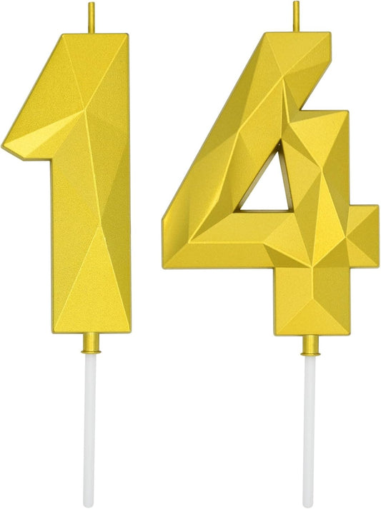 DERVENTA Large Birthday Candle Number 3D Gold 3.7 inch Party Celebration Anniversary Decoration Cake Topper 1 Piece (Number 14 Gold)