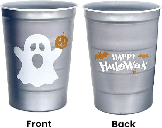16 oz. Party Cups 'Happy Halloween' Ghost Design for Cold Drinks, Durable, Disposable, Recyclable, Made in USA, Gray, 12 Count