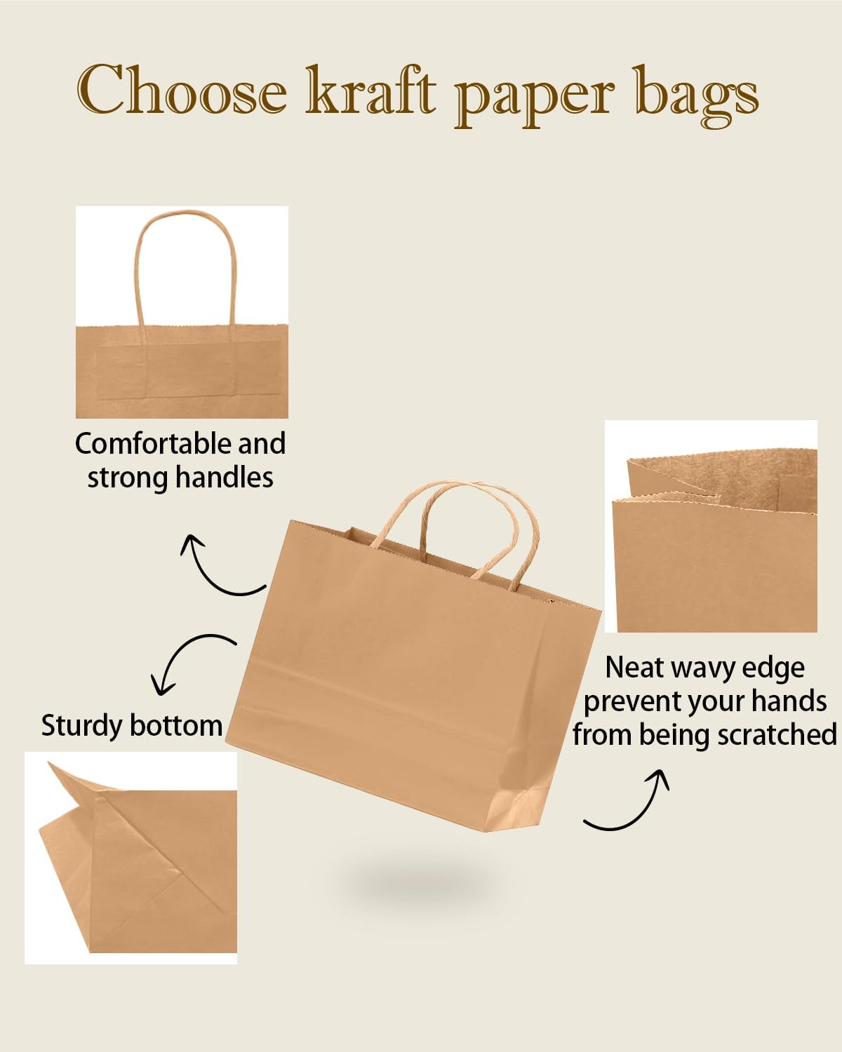 qiqee 50-Packs Brown Paper Gift Bags with Handles Bulk 12.6"x4.3"x10" Wide Large Size Party Favor Bags Multiple Uses