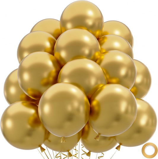 50pcs Metallic Gold Balloons, Helium Quality 12inch Chrome Gold Latex Balloons for Balloon Garland Arch As Wedding Graduation Birthday Party Decoration (with Ribbon & Glue)