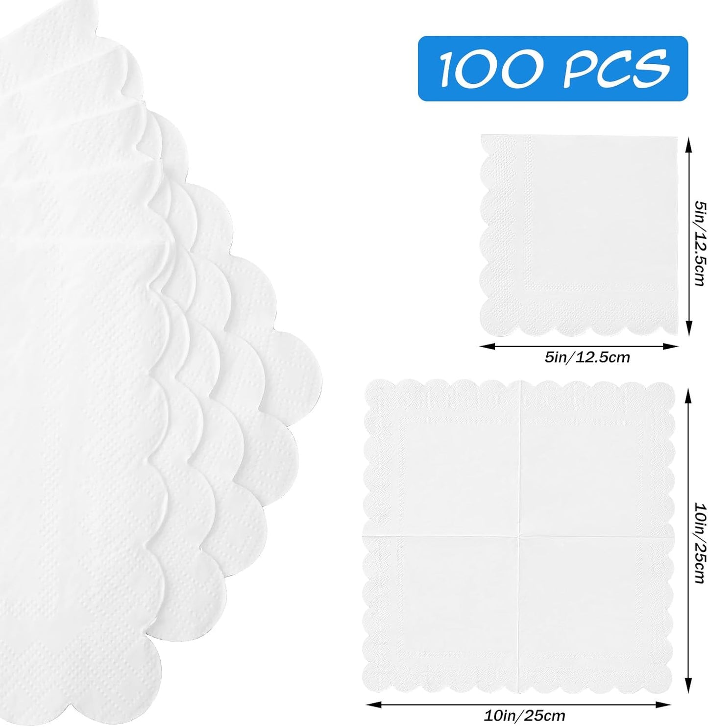 100 White Scalloped Cocktail Napkins, 3 Ply 5 x 5 Inch Beverage Napkins Paper Napkins Disposable Luncheon Napkins for Wedding Birthday Party Bridal Anniversary Baby Shower