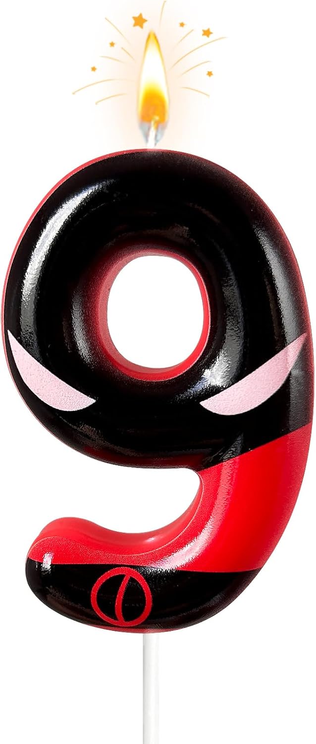 Black Red Mask Number 9 Birthday Candles - Comic Themed Cake Topper for Birthday Decorations Supplies, 9 Candle Party Favors (Number 9)