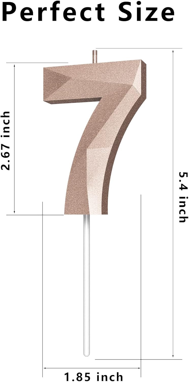 Number Birthday Candles(7 Candle Rose Gold) 3D Diamond Shape Number Happy Birthday Cake Candles for Birthday Party Wedding Decoration Reunions Theme Party