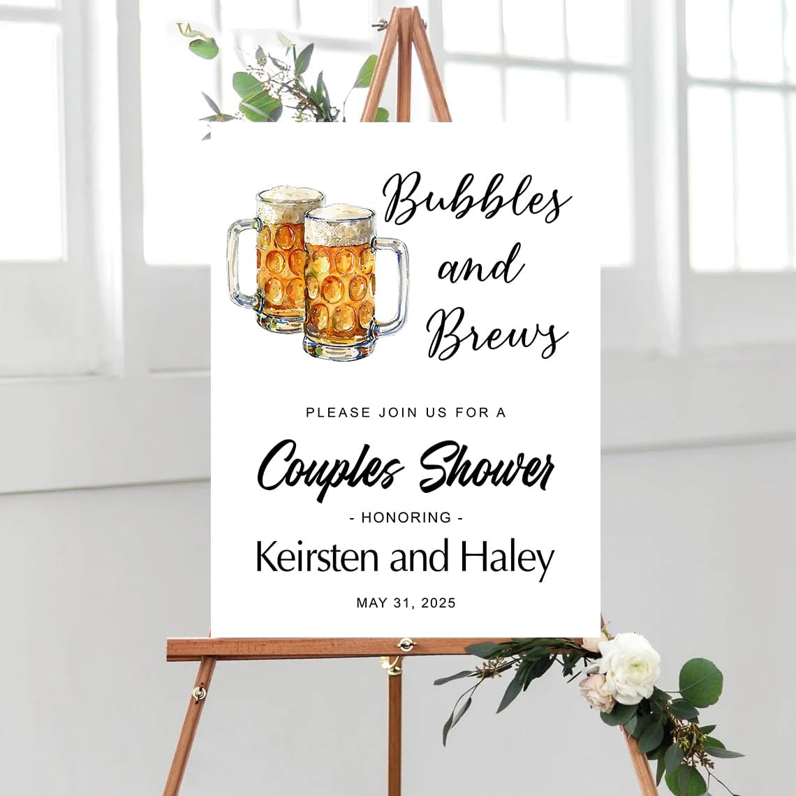 Personalized Greenery Eucalyptus Bubbles and Brews Couples Shower Welcome Sign, Gold Modern Minimalist Wedding Shower Bridal Party Decoration, Outdoor Plastic Sign Weatherproof #7