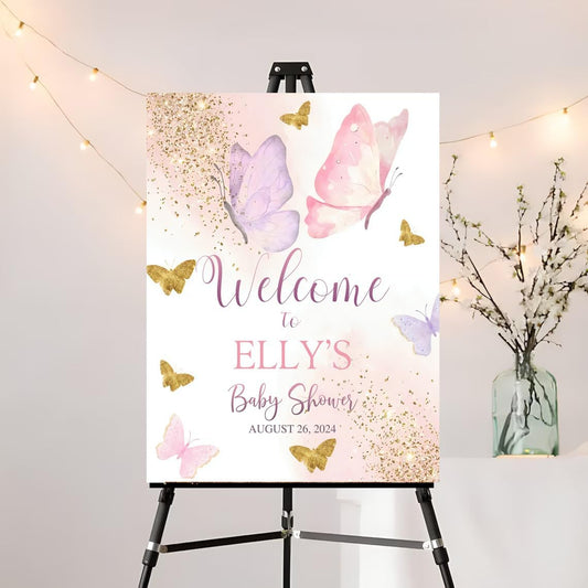 Editable Butterfly Baby Shower Welcome Signs, Butterfly Welcome Poster, Personalized Welcome Signs for Baby, Plastic Sign, Baby Shower Decoration for Girls, Instant Download 18x24", Butterfly Decor