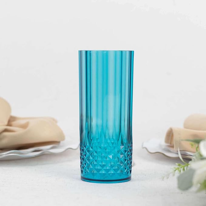 Efavormart 6 Pack Ocean Blue Crystal Cut Reusable Plastic Highball Drink Glasses, Shatterproof Tall Cocktail Tumbler Cups - 14oz