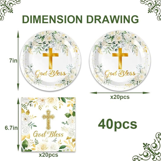 40Pcs God Bless Party Decorations Tableware Supplies 20 Plates and 20 Napkins for God Bless Baptism Party Decoration Serve 20 Guests