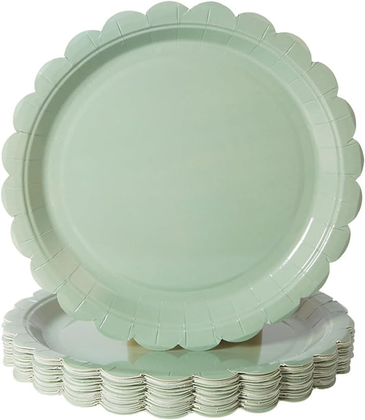 BEFORYOU 50PCS Scalloped Disposable Paper Plates Dessert Cake Party Plates for Baby Shower, Wedding,Bridal Shower Birthday Party Supplies (Sage-Green, 9IN)