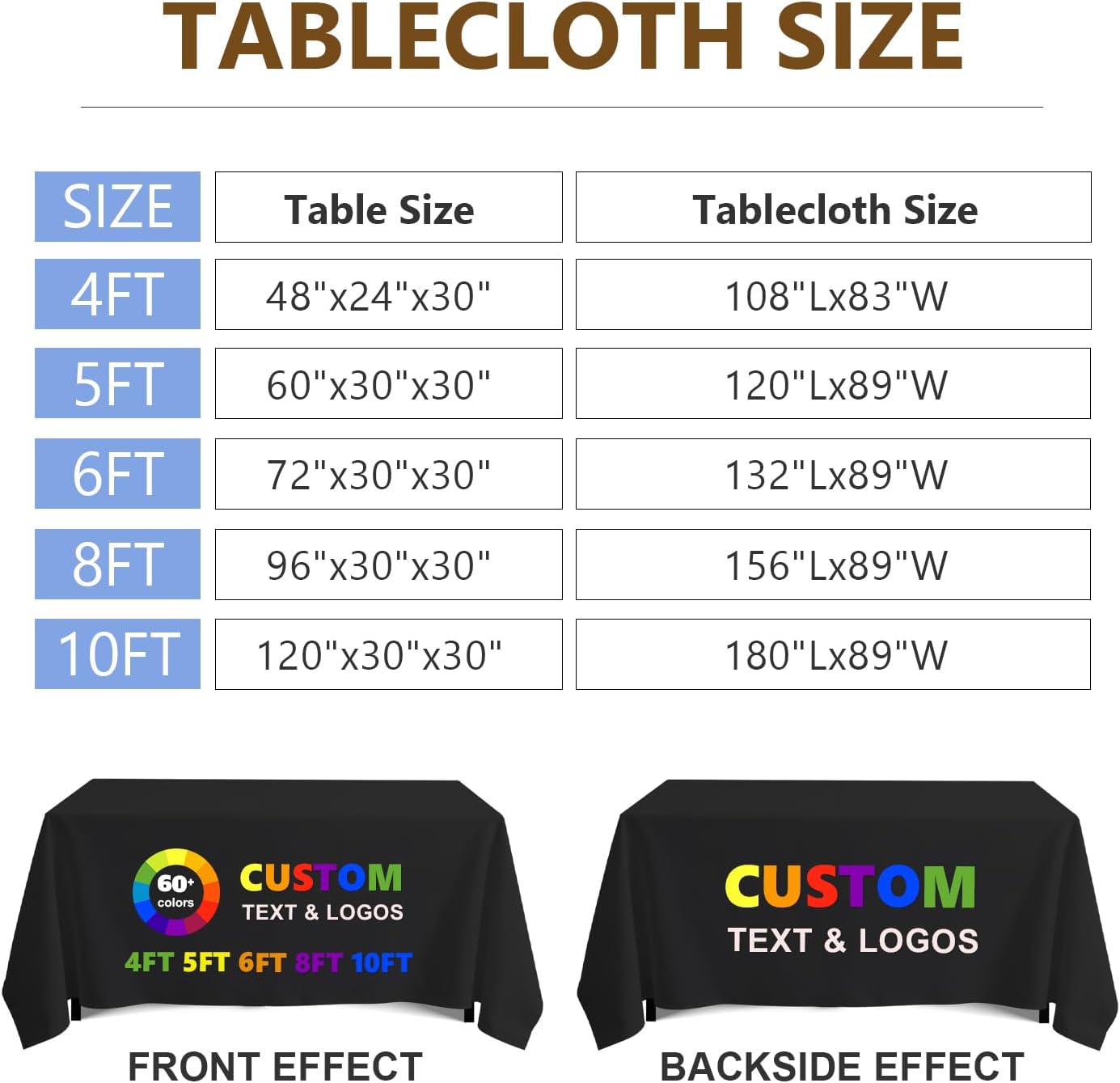 Custom Table Cloth with Business Logo, 4FT 5FT 6FT 8FT 10FT Custom Tablecloth, Custom Table Cover for Tradeshow Events Company School Birthday Wedding Party (8FT Closed Back)