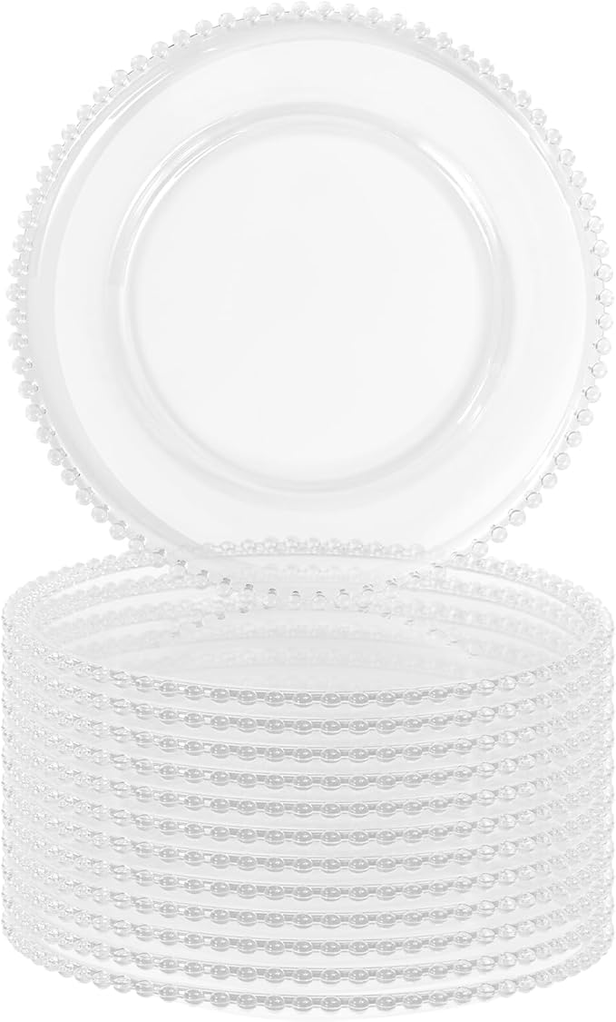 12 PCS Clear Round Charger Plates with Beaded Rim, 13 Inch Plastic Acrylic Plate, Plastic Round Beaded Dinner Decorative Service Plates for Wedding Party Event, Home Kitchen Tabletop(Clear)