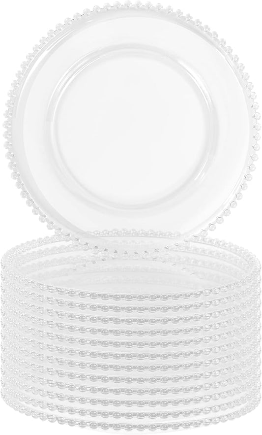 12 PCS Clear Round Charger Plates with Beaded Rim, 13 Inch Plastic Acrylic Plate, Plastic Round Beaded Dinner Decorative Service Plates for Wedding Party Event, Home Kitchen Tabletop(Clear)