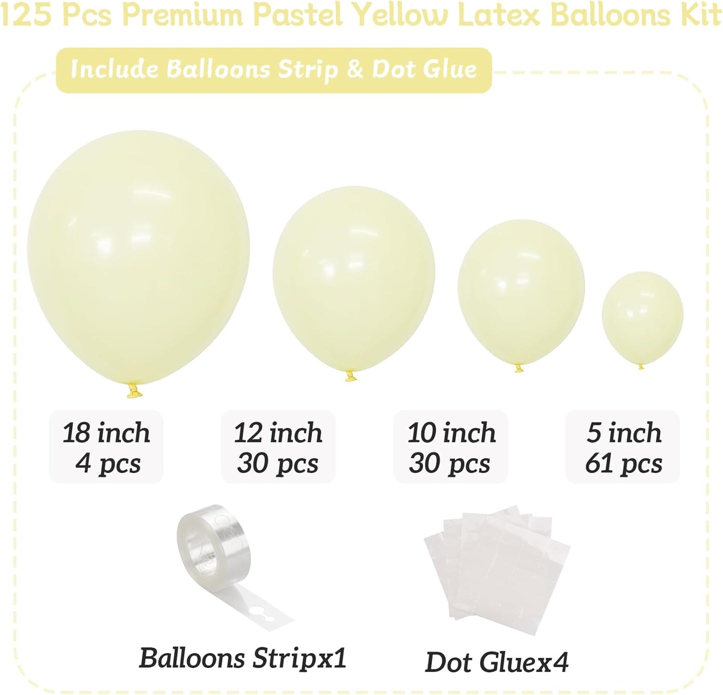 125 PCS Pastel Yellow Latex Balloons, Different Sizes 18 inch 12 inch 10 inch 5 inch Balloon, Great for Spring Birthday Parties, Baby Showers, Easter Celebrations and Balloon Garland Arches