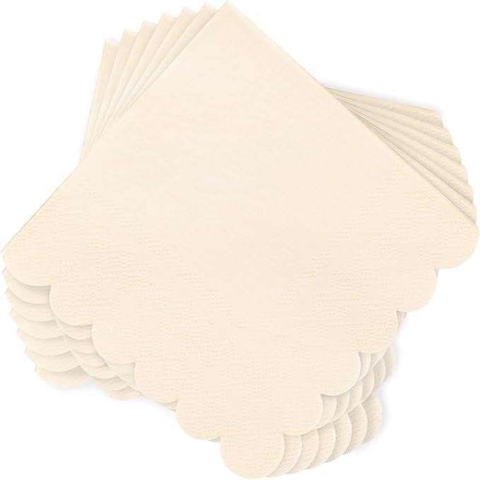 100 Pcs Milky White Napkins Scalloped Edged Dessert Cocktail Napkins Folded 5 x 5 Inches Disposable Napkins for Dinner Wedding Birthday Party