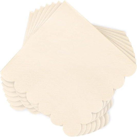 100 Pcs Milky White Napkins Scalloped Edged Dessert Cocktail Napkins Folded 5 x 5 Inches Disposable Napkins for Dinner Wedding Birthday Party