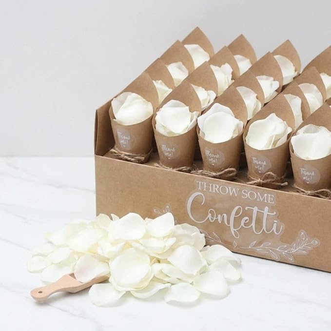 1 Sets Wedding Confetti Cones with 150g (5.29 Oz) Biodegradable Dried Flowers White Petal - 30 Kraft Paper Cones, Tray & Stickers for Wedding, Bridal Shower, Engagement Party, Baby Shower