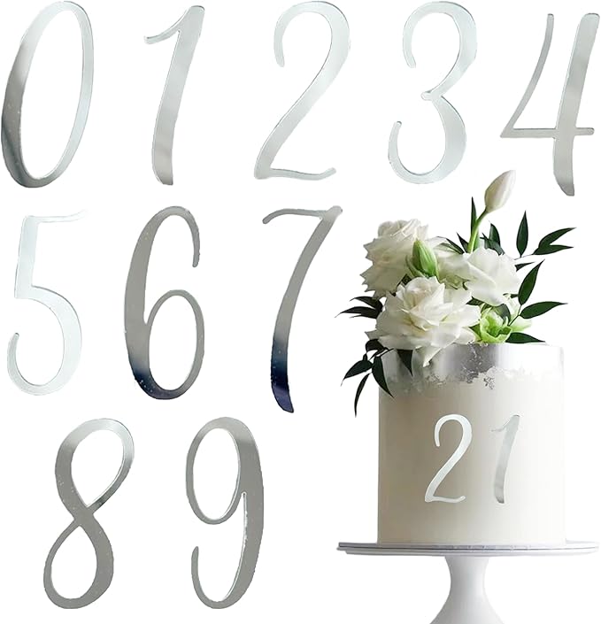 Silver Acrylic Wedding Number Cake Decoration 0-9 - Cake Topper for Birthday Party Wedding Anniversaries, Party Cakes and Personalized Celebrations Setup,Style 2