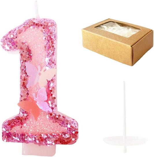 Birthday Candles Number 1,Pink Glitter Happy Birthday Cake Candles Handmade Sequin Numeral Candle