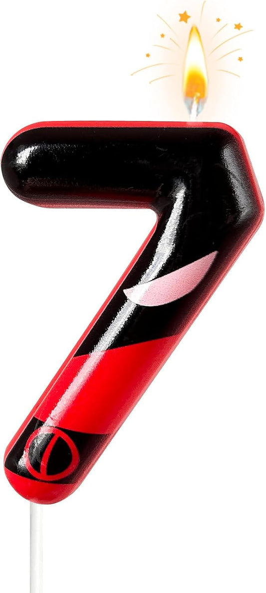 Black Red Mask Number 7 Birthday Candles - Comic Themed Cake Topper for Birthday Decorations Supplies, 7 Candle Party Favors (Number 7)