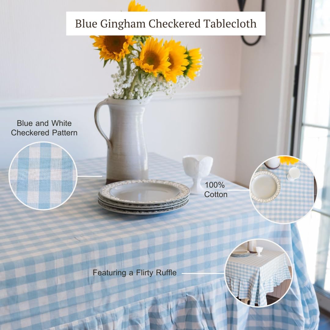 60x90 in Cotton Tablecloth with Ruffled Hem – Rectangular Farmhouse Dining Table Cover for Kitchen, Weddings, Parties, Indoor or Outdoor Picnic and Everyday Decor – Blue Checkered