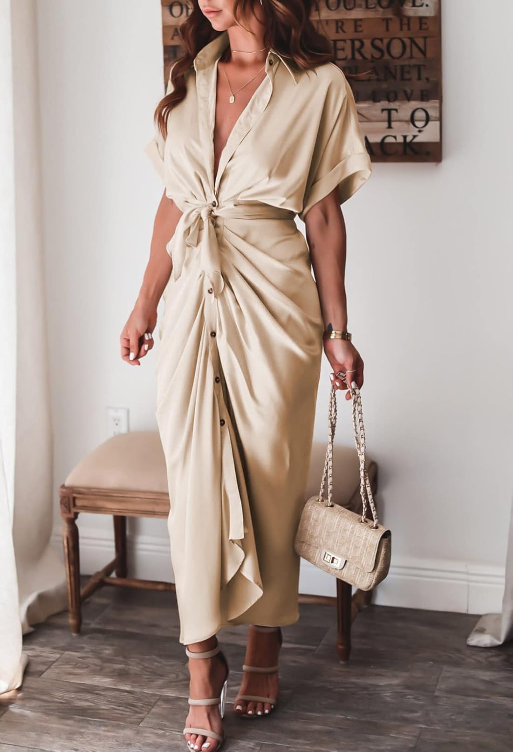 Women Elegant Satin Button Down Short Sleeve Maxi Shirt Dress with Belt