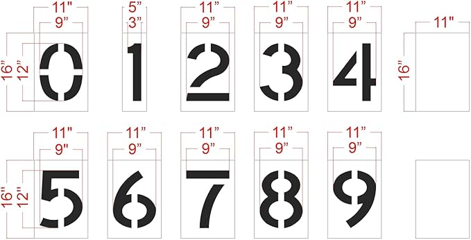 12" Number Kit Stencil Set - Parking Lot Pavement Stencils - 1/8" (.125") PRO-Grade LDPE - 18 piece Number Kit (extra 0,1,2,3,4,5)