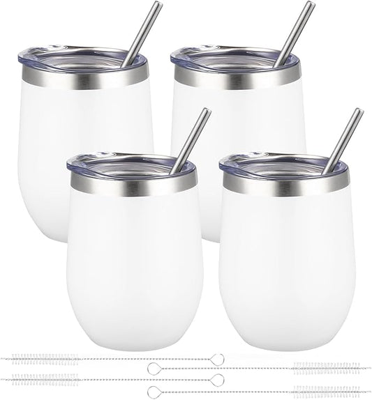 12oz/4 Pack Wine Tumbler Glasses with Lid Stemless Double Wall Vacuum Stainless Steel Travel Tumbler Keeping Cold & Hot for Wine,Coffee,Cocktails,Christmas Drinks-Family and Gifts(4 pack-White)
