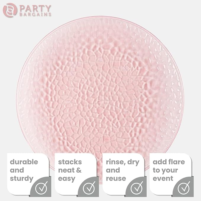 PARTY BARGAINS 13-Inch Charger Plates - 16 Pack, Hammered Pink, Heavy-Duty Disposable Chargers for Elegant Dining - Ideal for Weddings and Formal Events