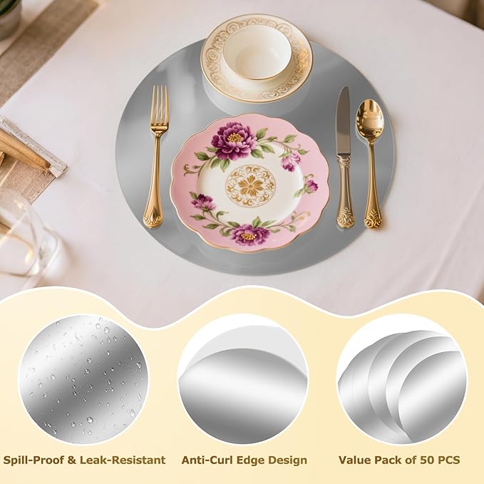 50PCS Silver Paper Placemats for Dinner Plates, 13 Inch Round Disposable Chargers, Shiny Holiday Place Mat for Dining Table Setting Valentine's Day Weddings Birthday Parties Kitchen Banquet Decor