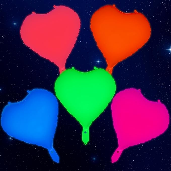 Mega-L Glow in the Dark Party Supplies, 5 Pcs Neon Heart Balloons Set – Fluorescent Red, Lemon Yellow, Fuchsia, Blue and Orange Balloons Perfect for Birthday, Wedding, Anniversary, Carnival