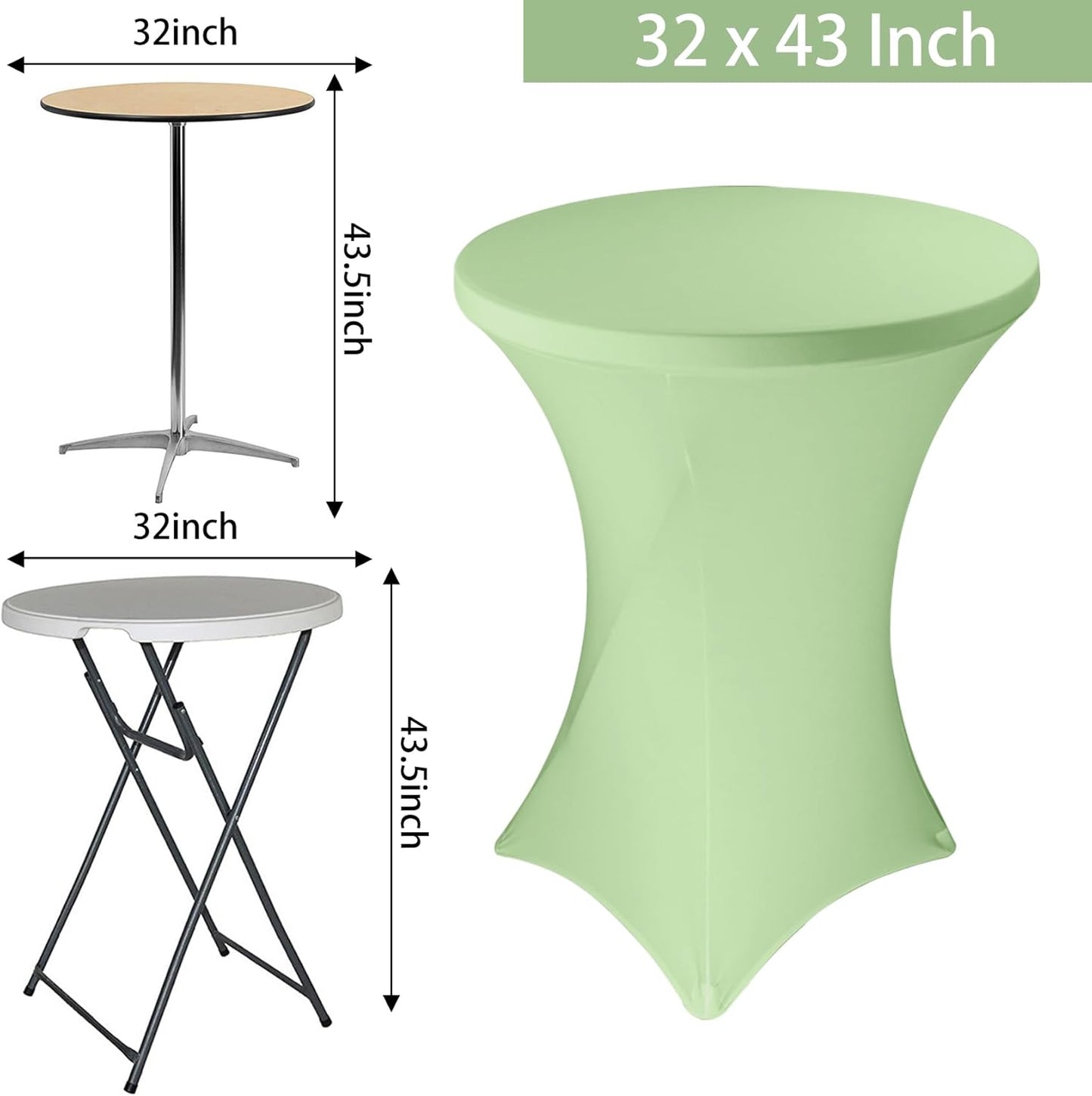 6 Pack Cocktail Spandex Tablecloth 32"x43" Sage Green Stretch Square Corners Cocktail Table Cover Fitted High Top Round Table for Bar Wedding Birthday Party Banquet