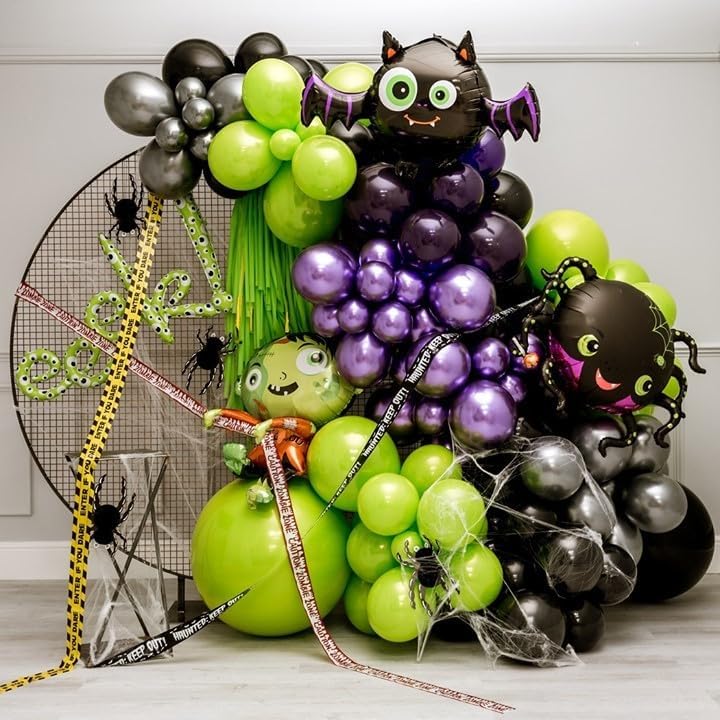 Halloween Balloon Garland Arch Kit, 131Pcs DIY Haloween Party Supplies Matte Black Metallic Purple Lime Green Balloon with Eye Balloons for Halloween Day Haunted House Theme Party Decorations