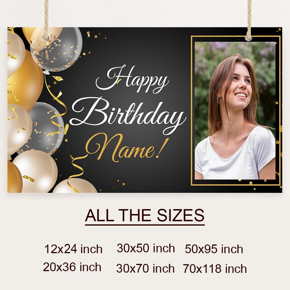 Generic Personalized Happy Birthday Banner, Customized With Photo And Name, Indoor And Outdoor Use, 12x24 inches, Red
