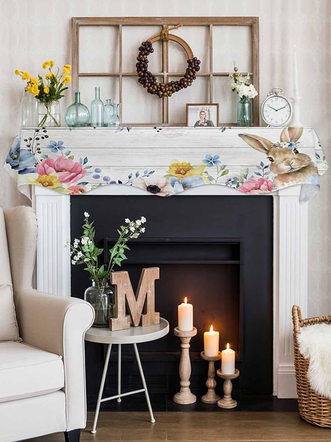 Bunny Easter Fireplace Mantel Scarf Table Runner,Spring Floral Blue Eucalyptus Leaves Wooden Winter Garland Mantel Top Tablerunners Dresser Scarves Cover for Windows Party Living Room 90"x17"