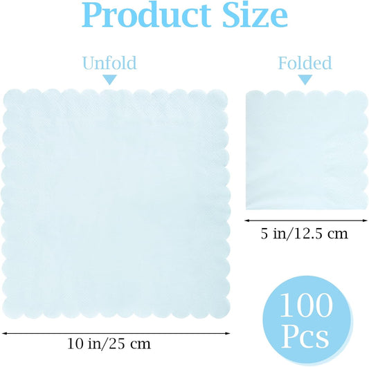 100 Pcs Cocktail Napkins, 2-Ply 5 x 5 Inches Disposable Scalloped Napkins, Thick Premium Dessert Napkins for Party, Wedding, Dinner, Birthday, Anniversary, Festival (Light Blue)